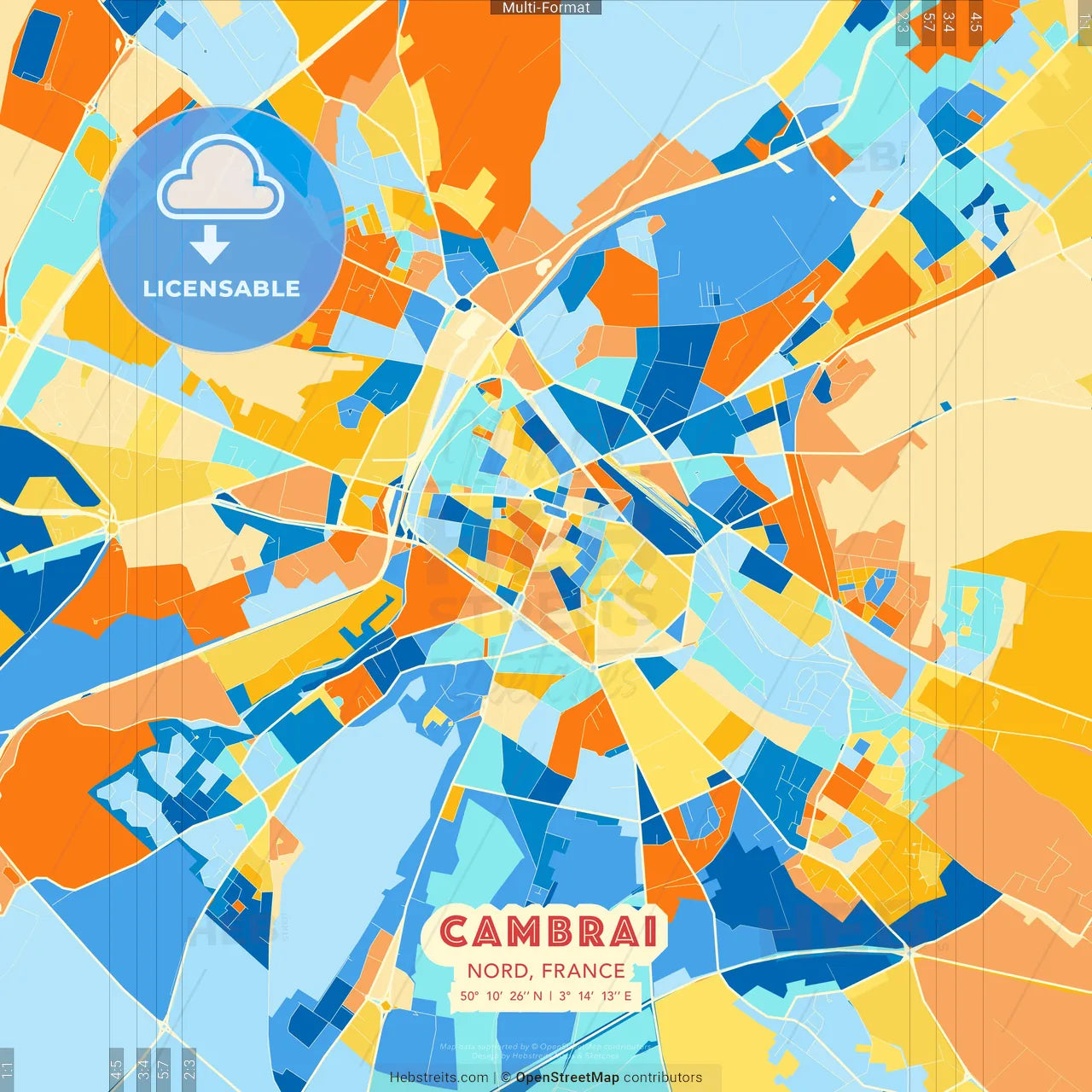 Cambrai, Nord, France blue and orange vector art map template