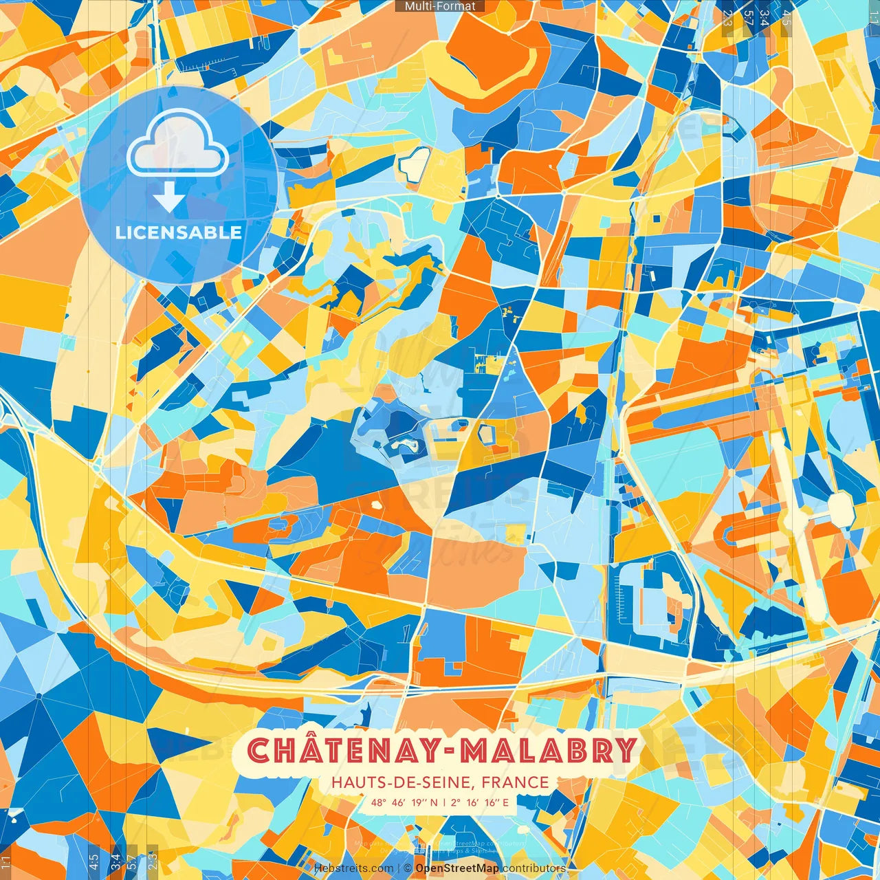 Châtenay-Malabry, Hauts-de-Seine, France blue and orange vector art map template