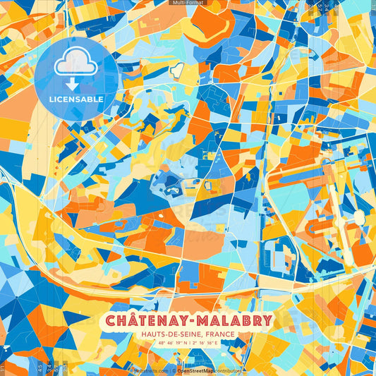 Châtenay-Malabry, Hauts-de-Seine, France blue and orange vector art map template