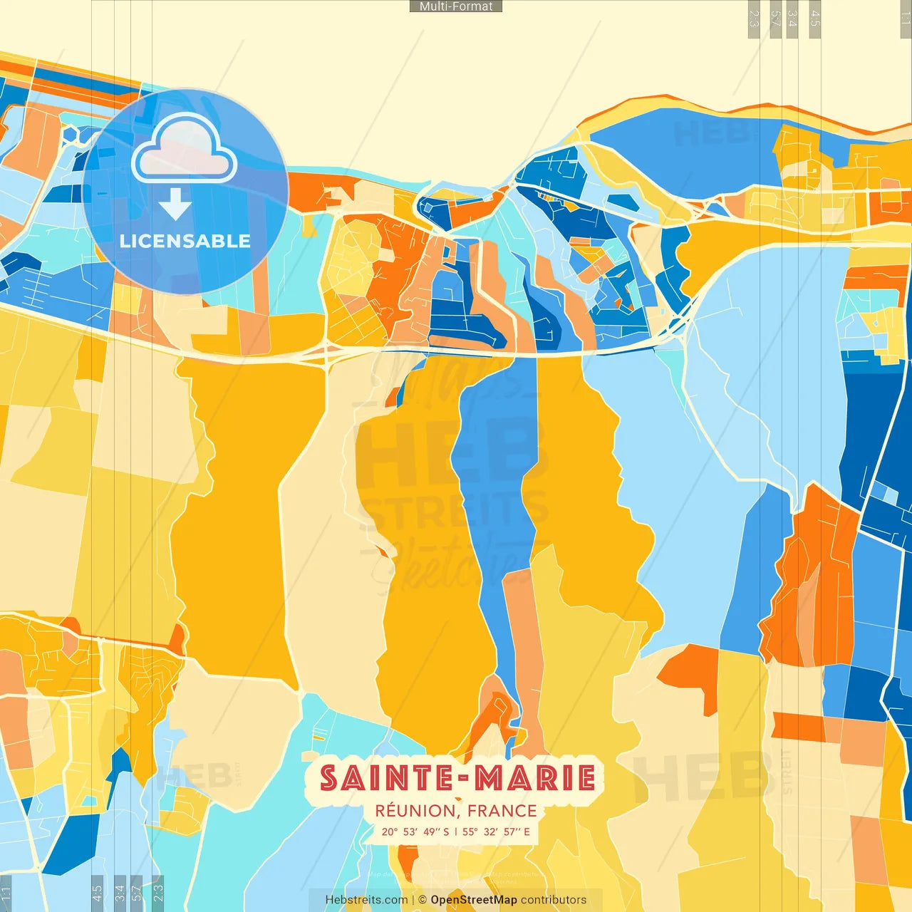 Sainte-Marie, Réunion, France blue and orange vector art map template