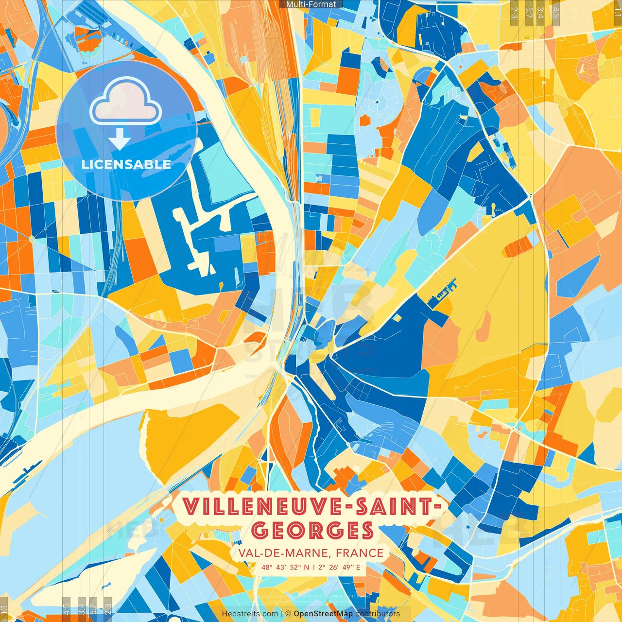 Villeneuve-Saint-Georges, Val-de-Marne, France blue and orange vector art map template