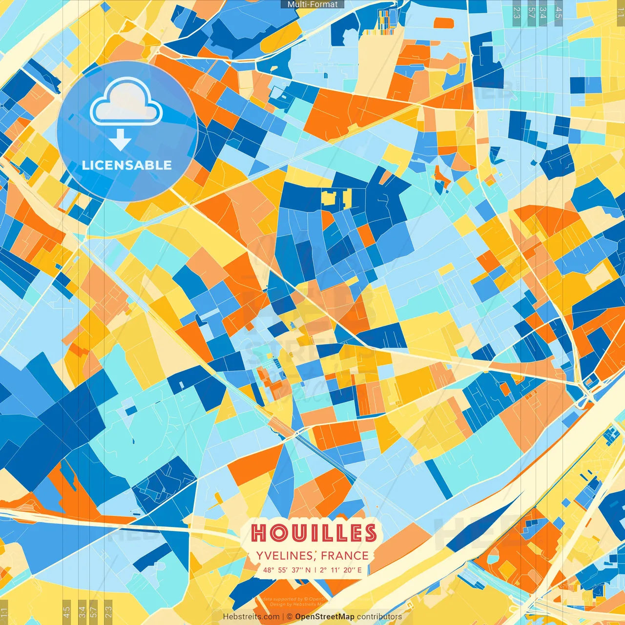 Houilles, Yvelines, France blue and orange vector art map template