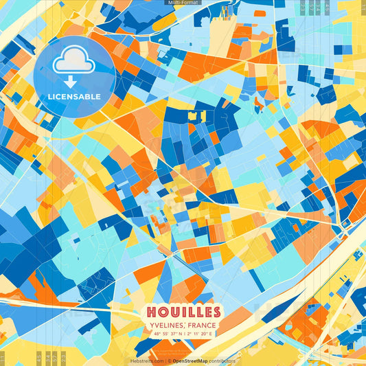 Houilles, Yvelines, France blue and orange vector art map template