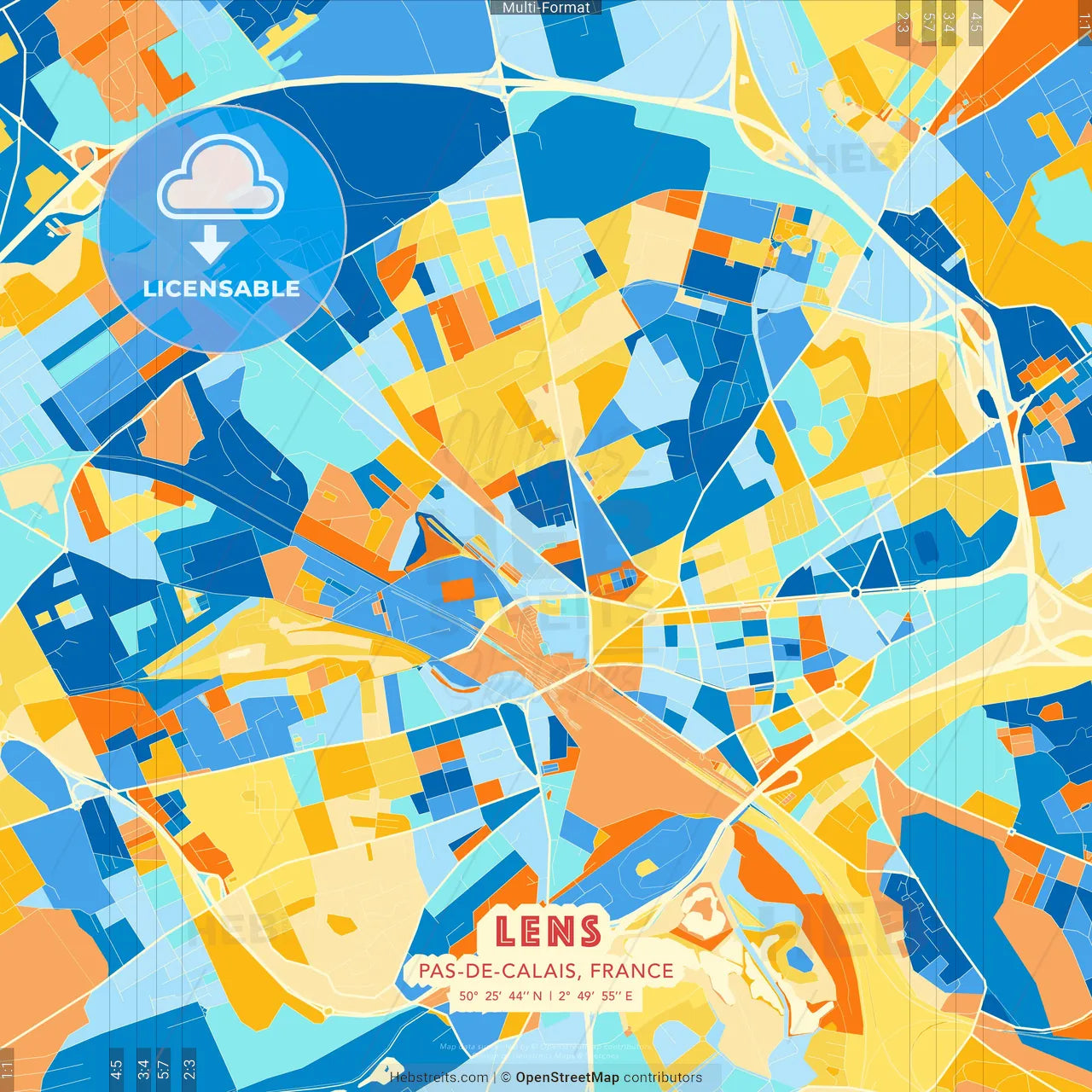 Lens, Pas-de-Calais, France blue and orange vector art map template