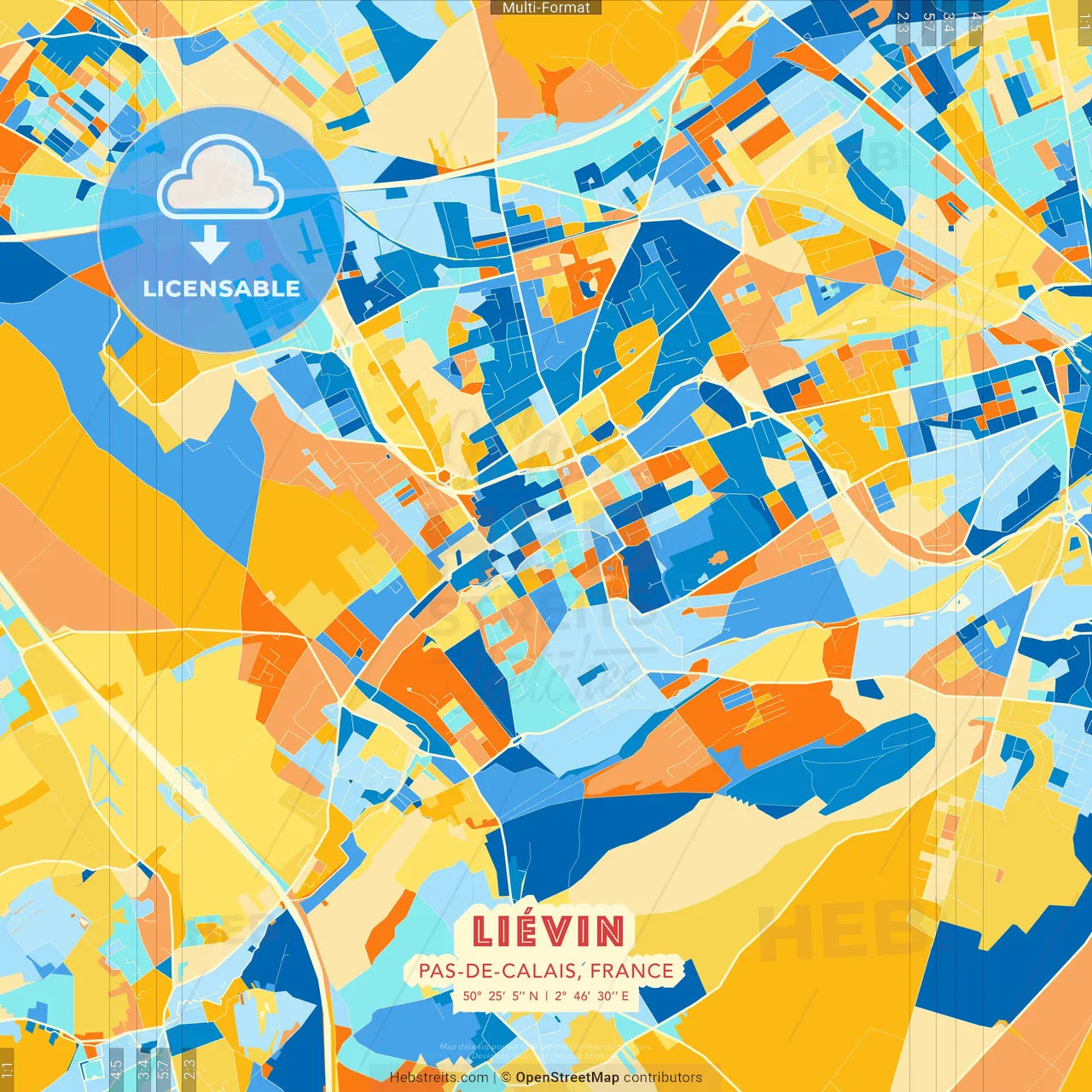 Liévin, Pas-de-Calais, France blue and orange vector art map template