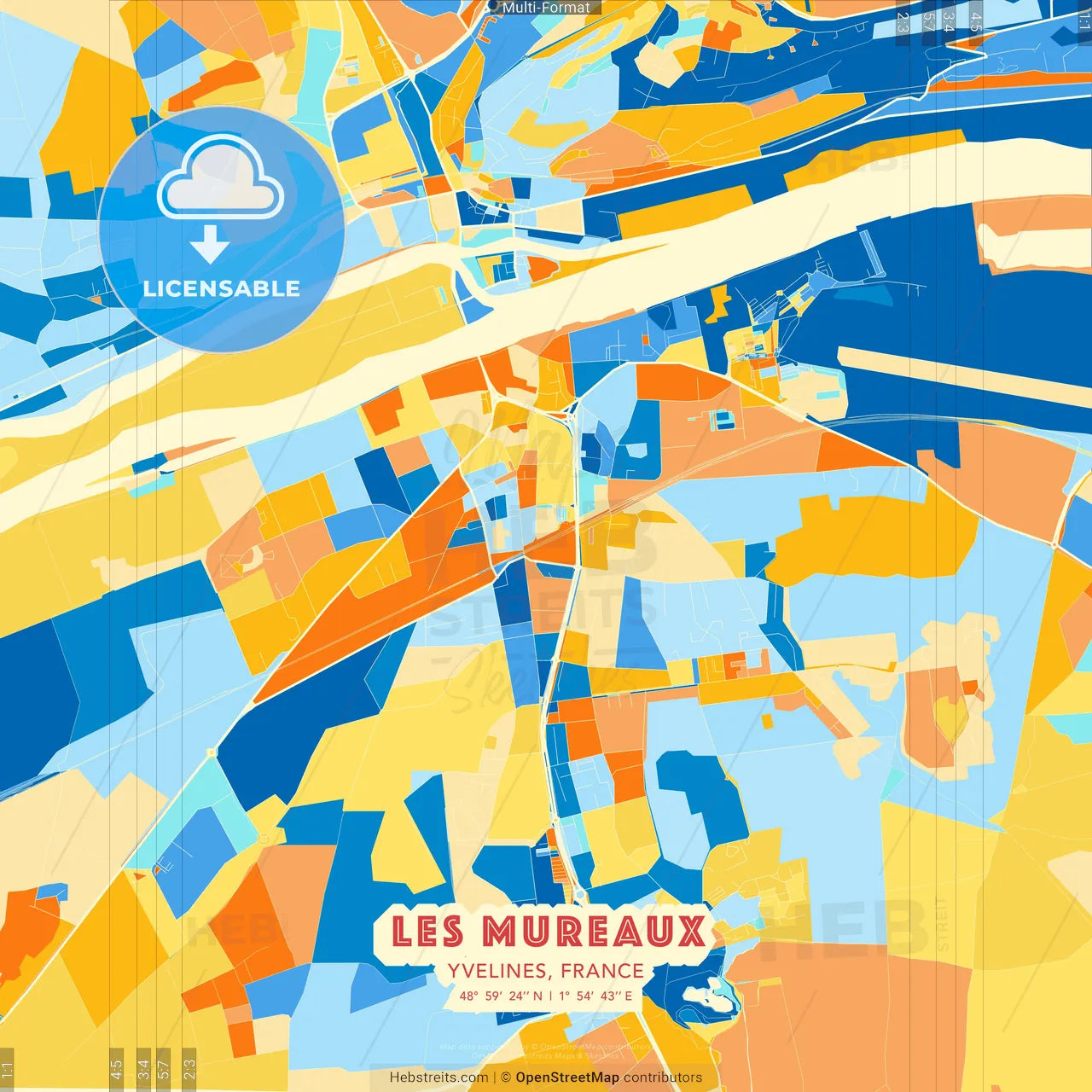 Les Mureaux, Yvelines, France blue and orange vector art map template