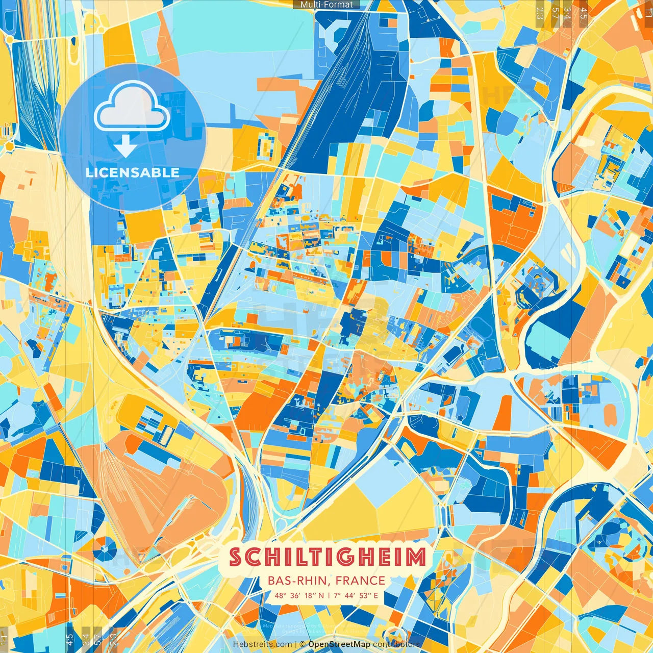 Schiltigheim, Bas-Rhin, France blue and orange vector art map template