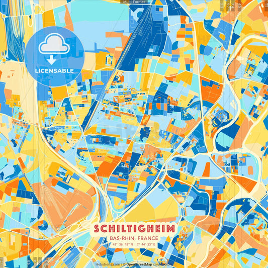 Schiltigheim, Bas-Rhin, France blue and orange vector art map template