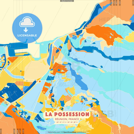 La Possession, Réunion, France blue and orange vector art map template