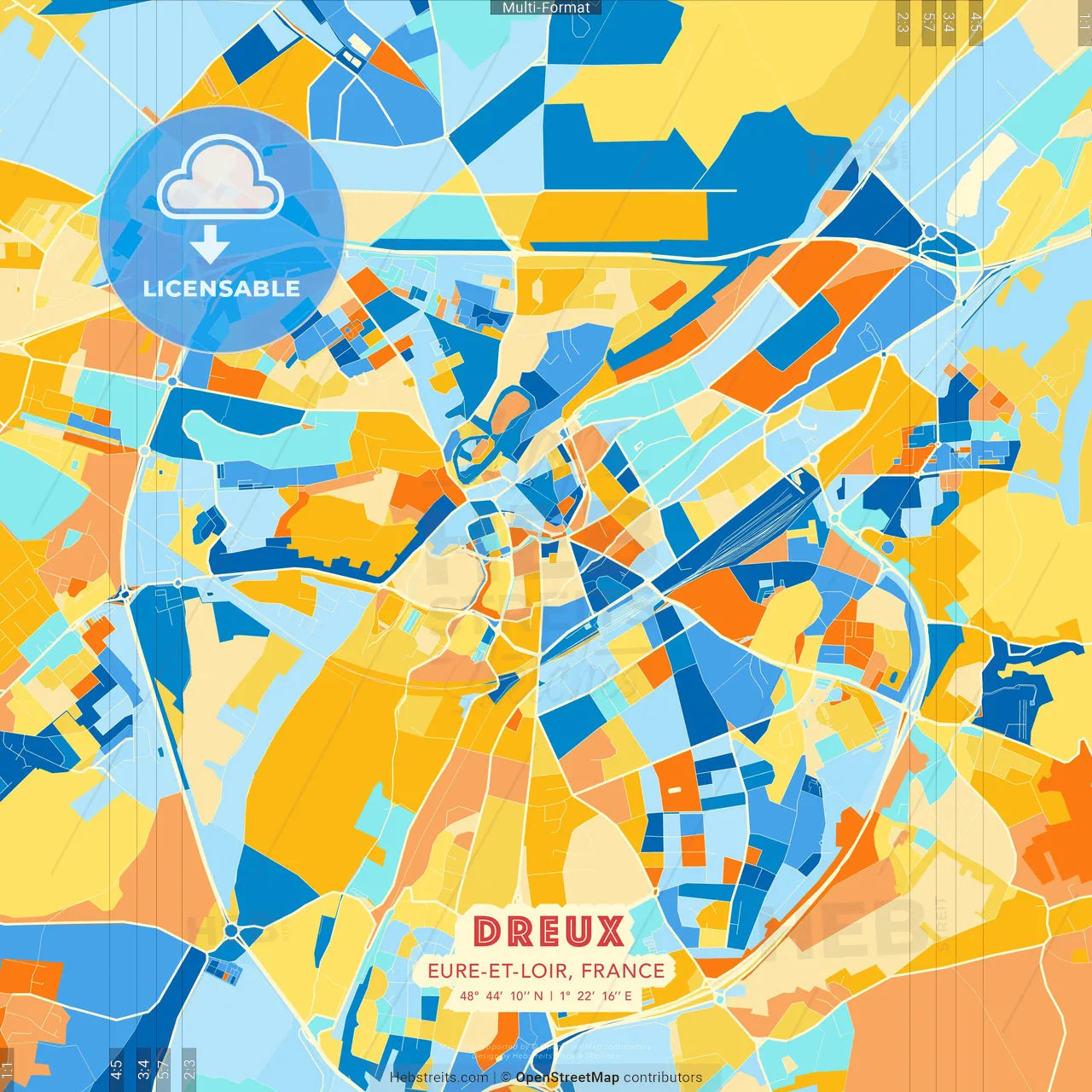 Dreux, Eure-et-Loir, France blue and orange vector art map template
