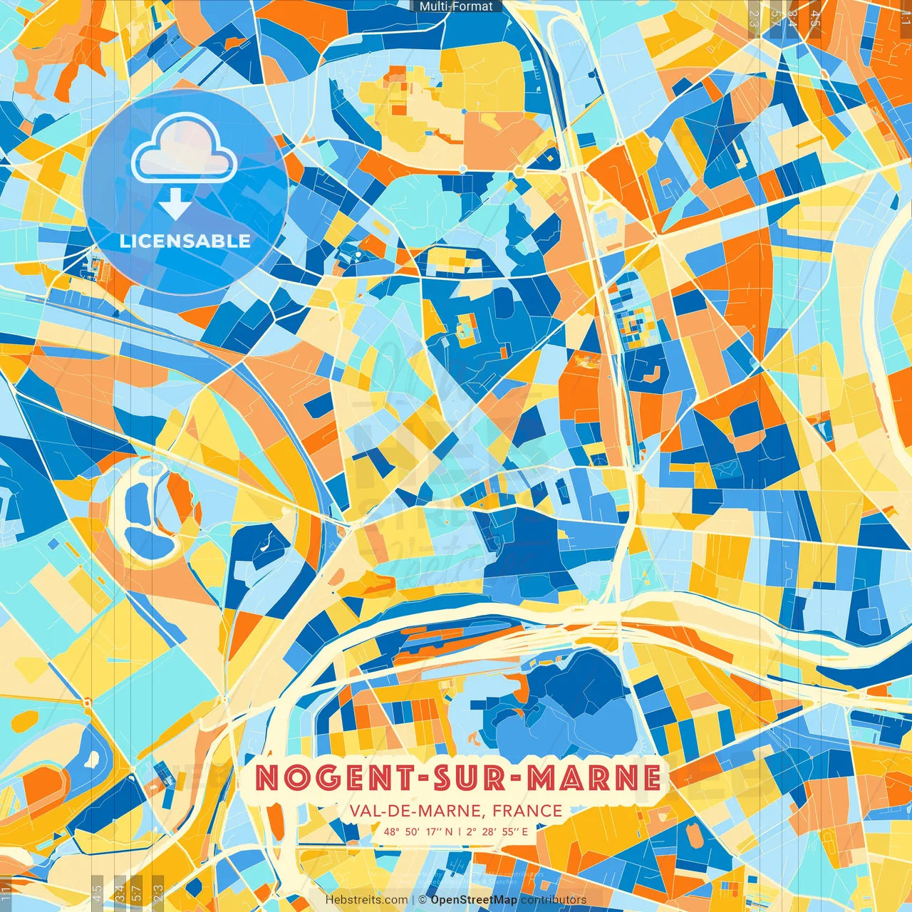 Nogent-sur-Marne, Val-de-Marne, France blue and orange vector art map template