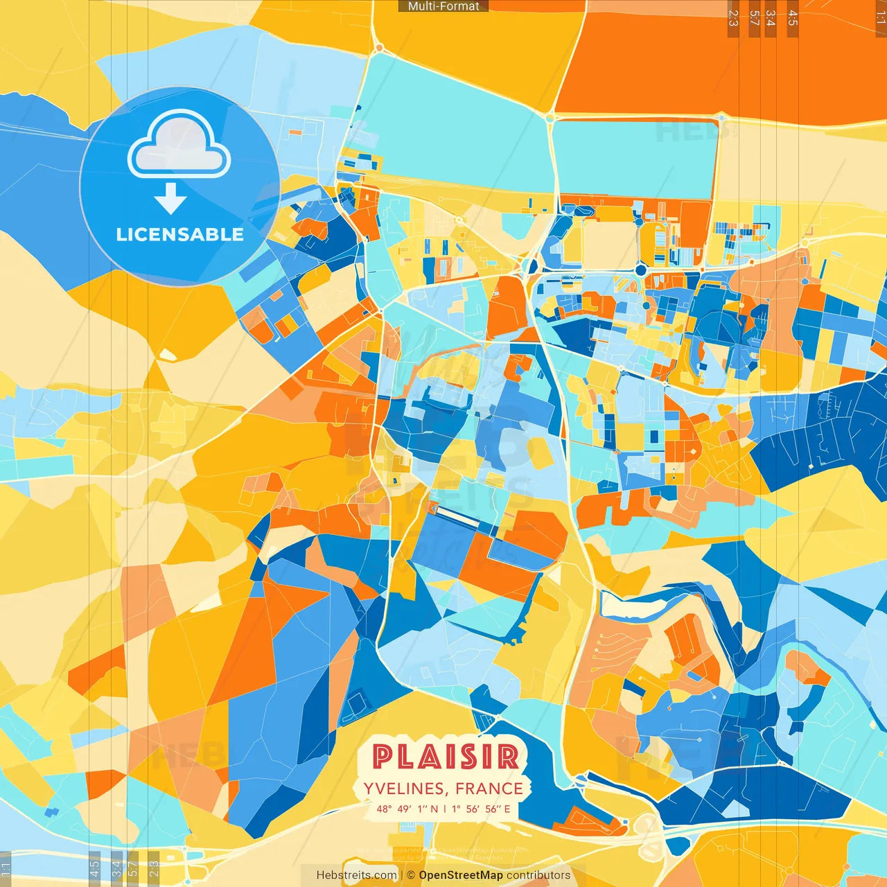 Plaisir, Yvelines, France blue and orange vector art map template