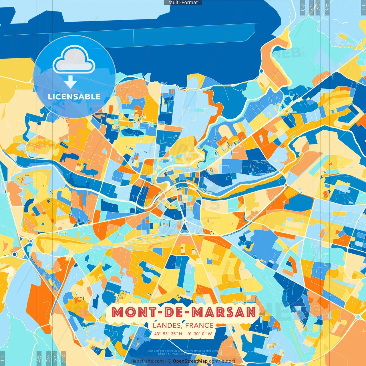 Mont-de-Marsan, Landes, France blue and orange vector art map template
