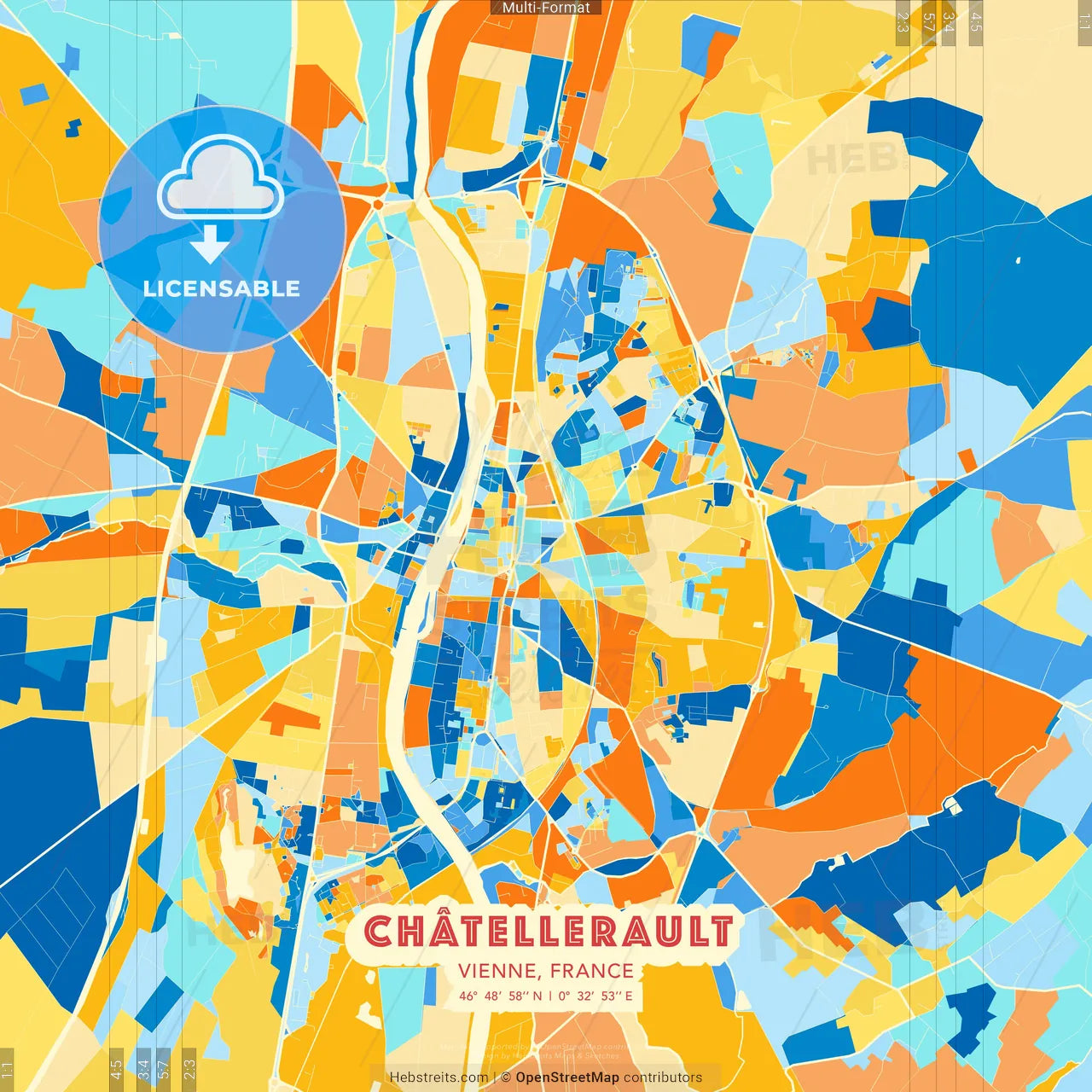 Châtellerault, Vienne, France blue and orange vector art map template