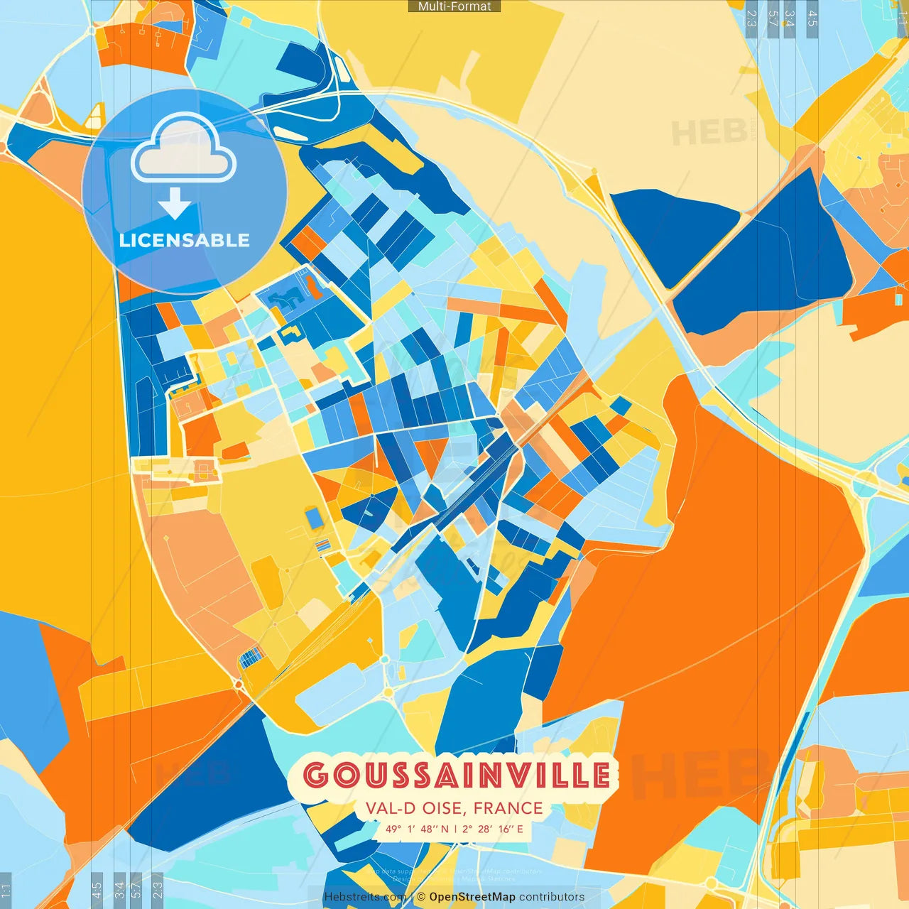 Goussainville, Val-d Oise, France blue and orange vector art map template