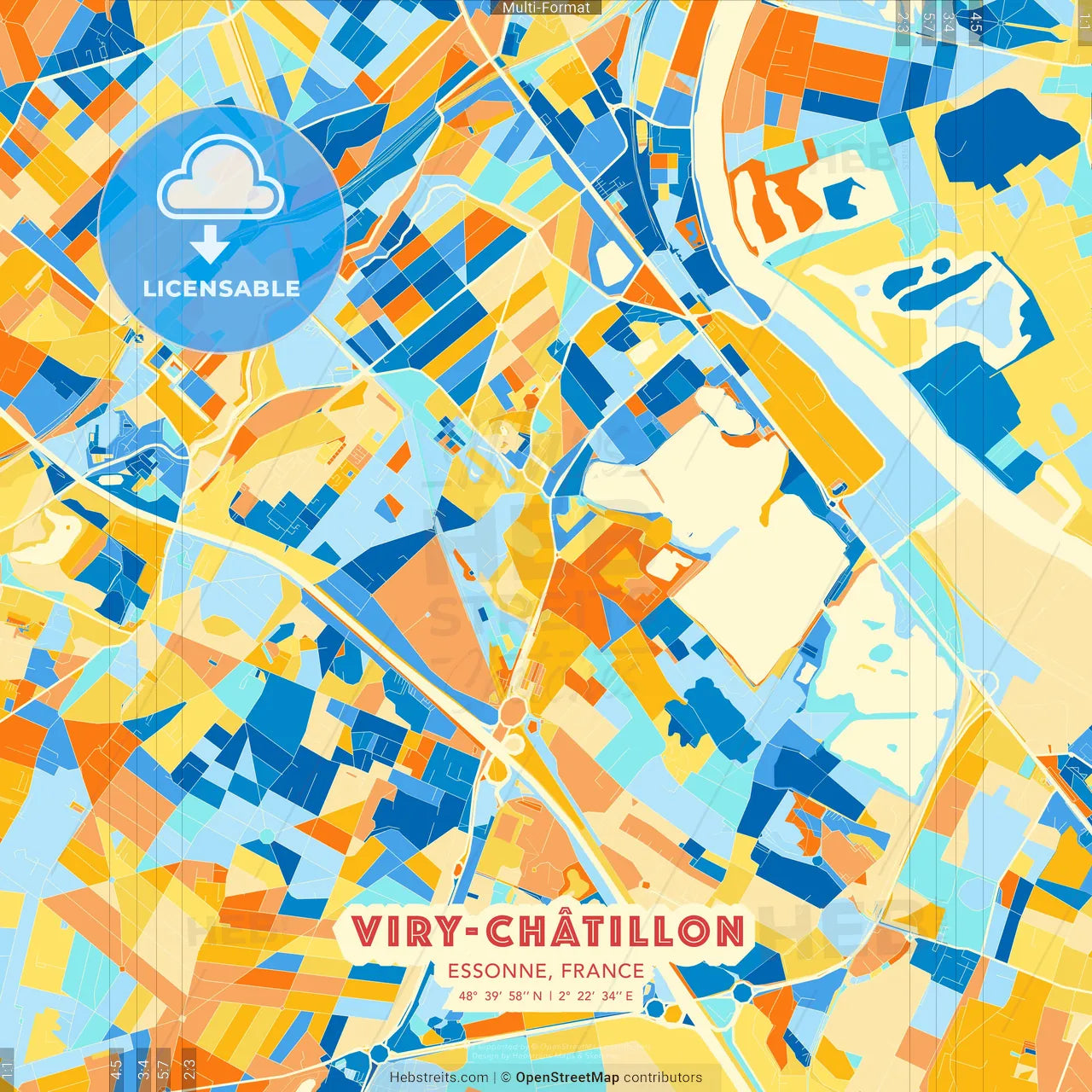 Viry-Châtillon, Essonne, France blue and orange vector art map template