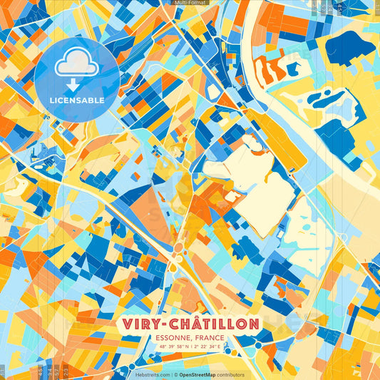 Viry-Châtillon, Essonne, France blue and orange vector art map template