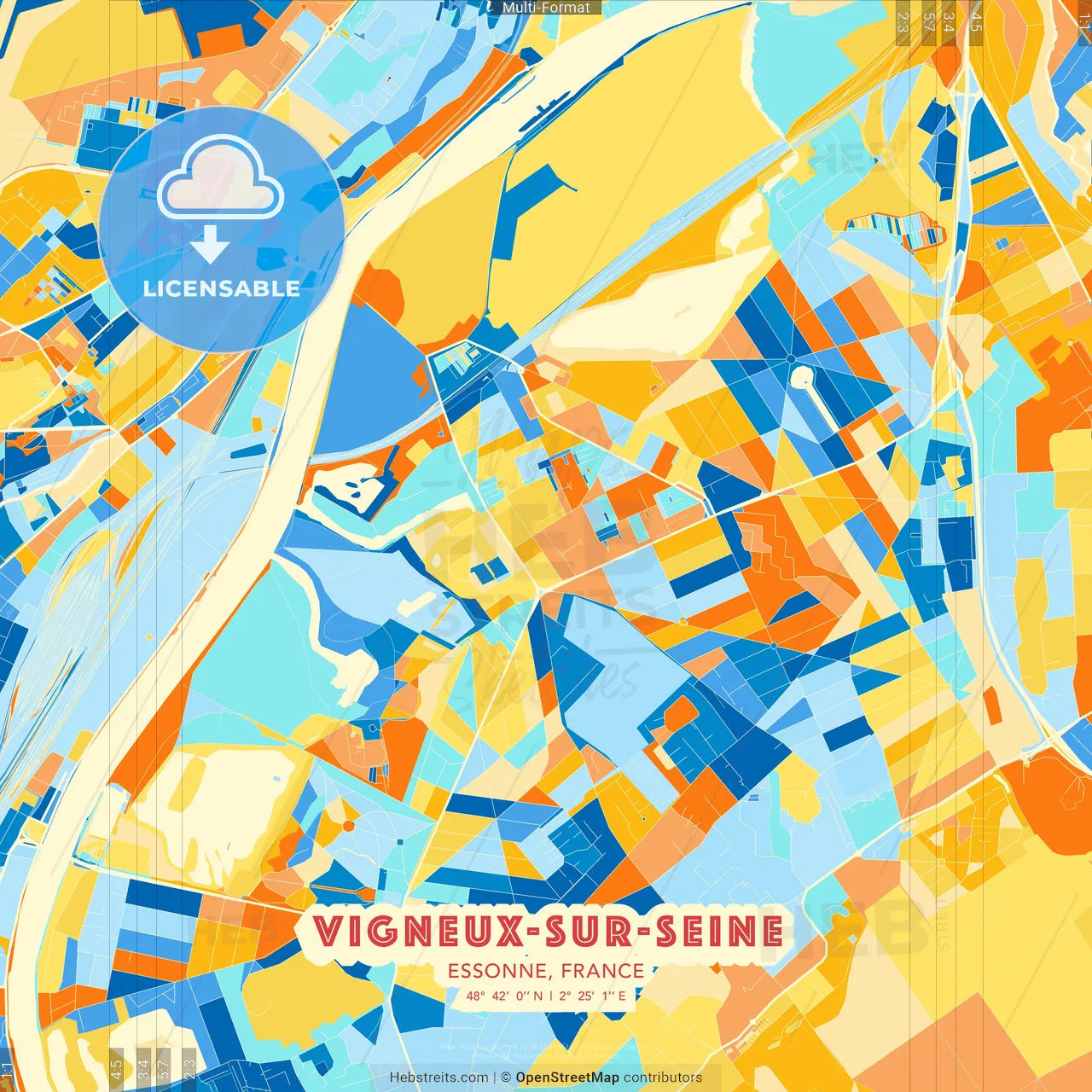 Vigneux-sur-Seine, Essonne, France blue and orange vector art map template