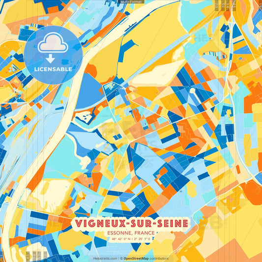 Vigneux-sur-Seine, Essonne, France blue and orange vector art map template