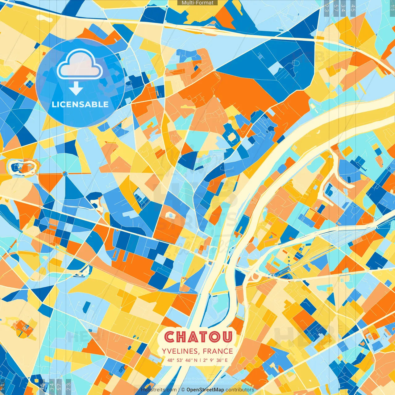 Chatou, Yvelines, France blue and orange vector art map template