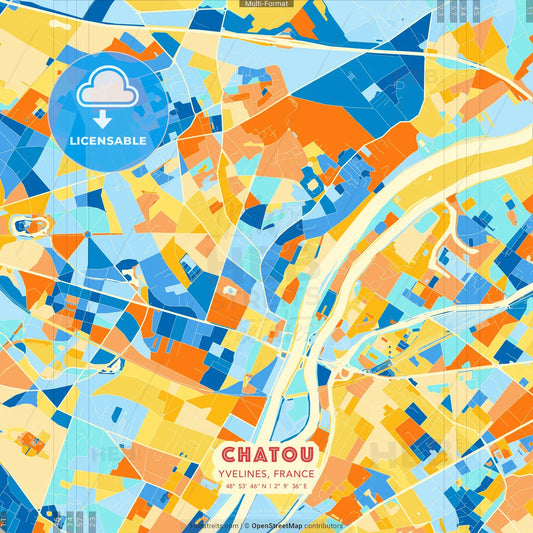 Chatou, Yvelines, France blue and orange vector art map template