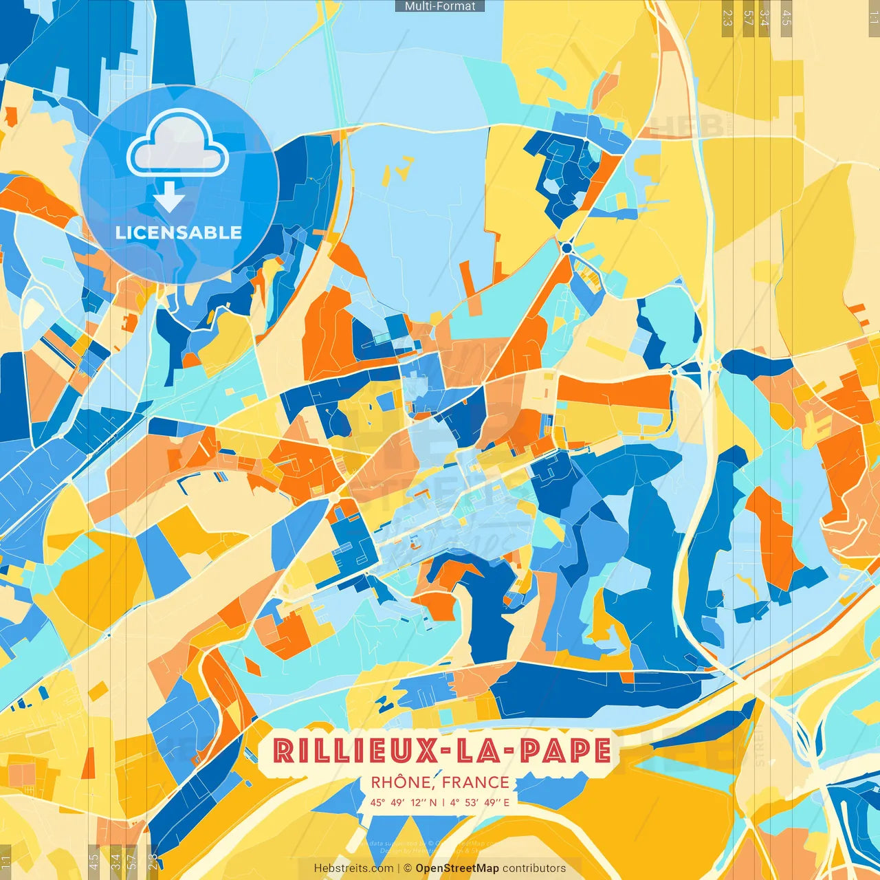 Rillieux-la-Pape, Rhône, France blue and orange vector art map template