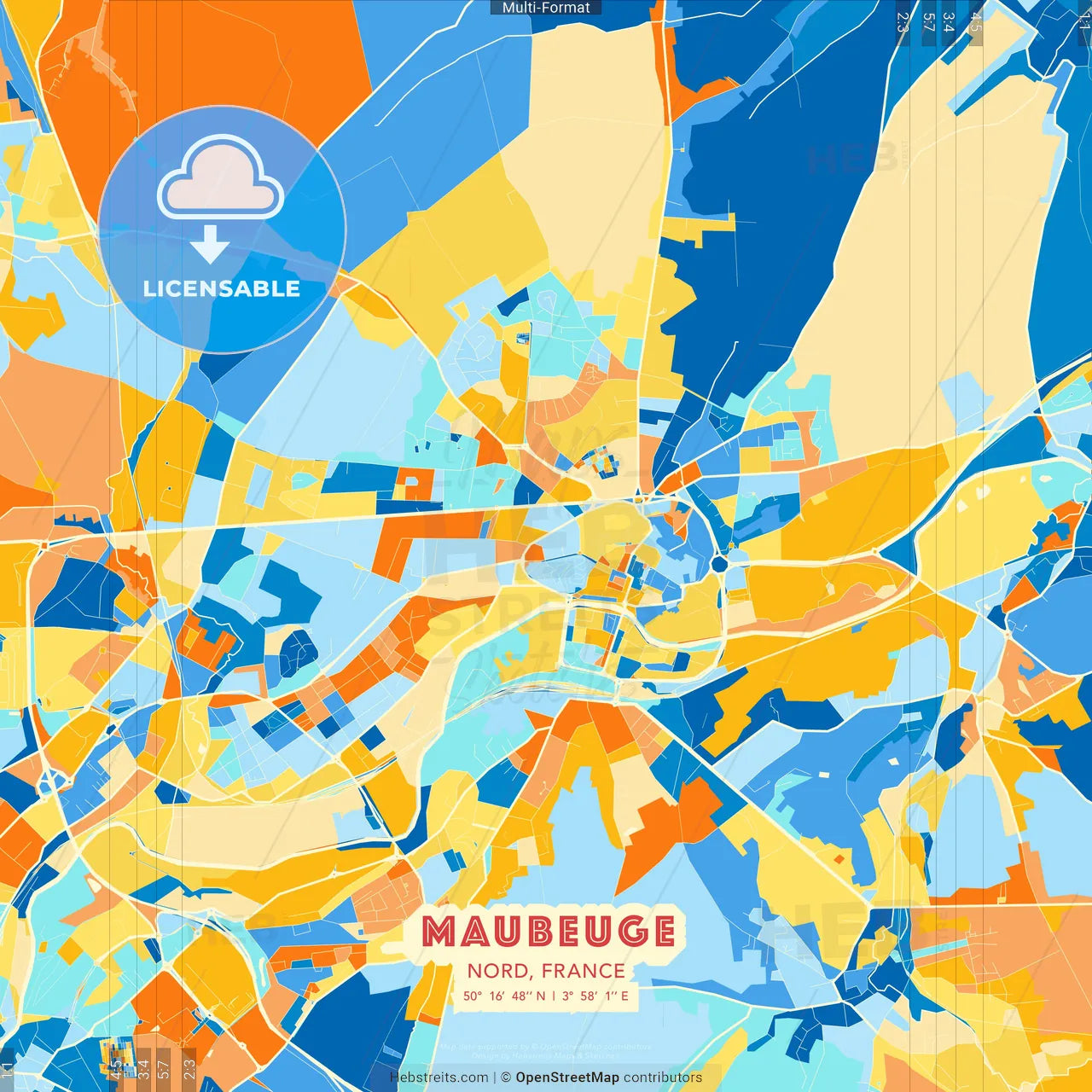 Maubeuge, Nord, France blue and orange vector art map template