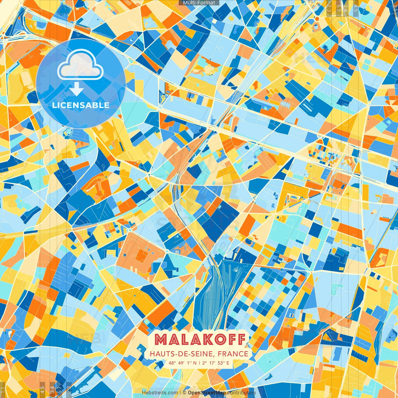 Malakoff, Hauts-de-Seine, France blue and orange vector art map template