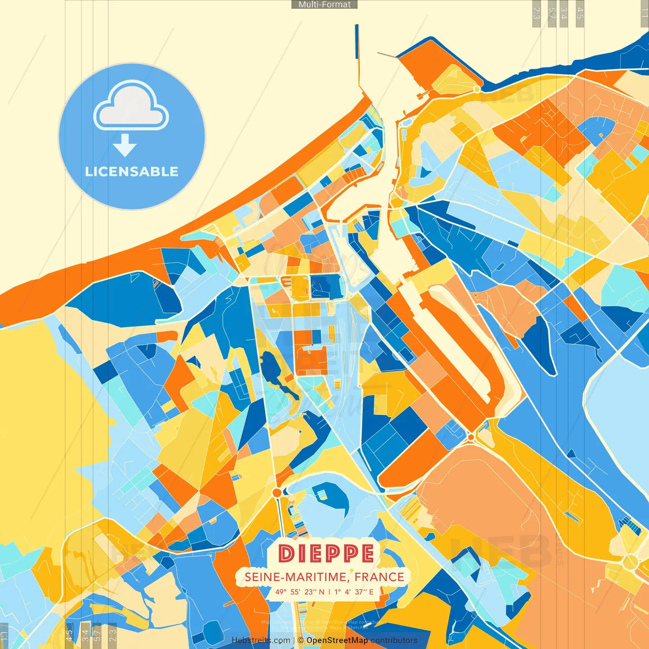 Dieppe, Seine-Maritime, France blue and orange vector art map template