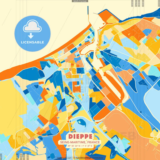 Dieppe, Seine-Maritime, France blue and orange vector art map template