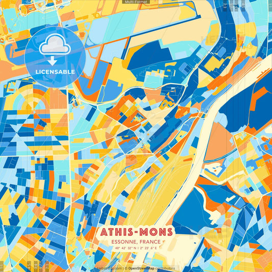 Athis-Mons, Essonne, France blue and orange vector art map template