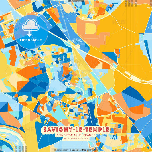 Savigny-le-Temple, Seine-et-Marne, France blue and orange vector art map template