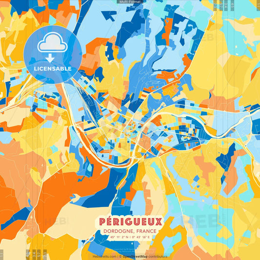 Périgueux, Dordogne, France blue and orange vector art map template