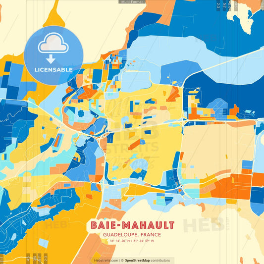 Baie-Mahault, Guadeloupe, France blue and orange vector art map template