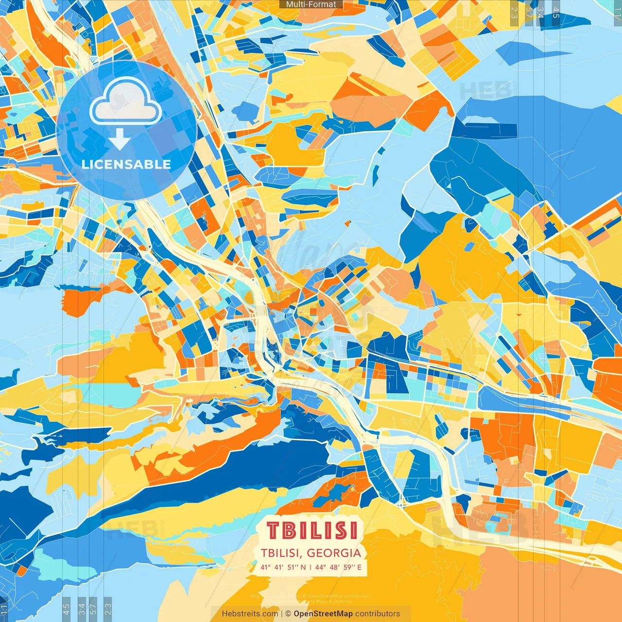 Tbilisi, Tbilisi, Georgia blue and orange vector art map template