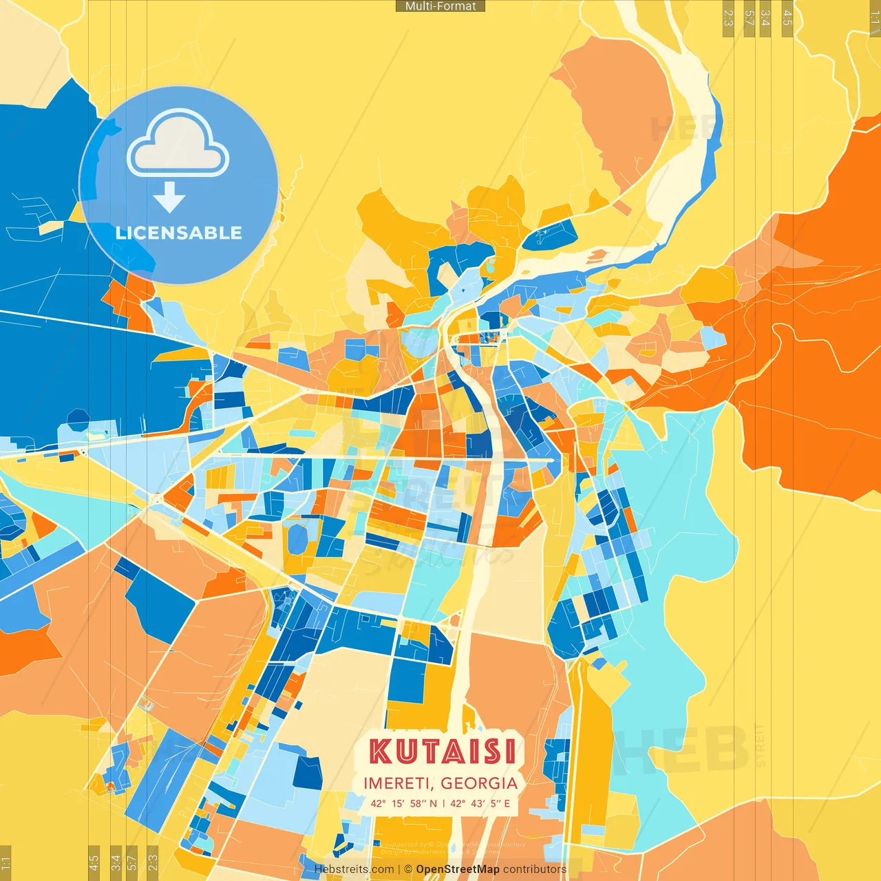 Kutaisi, Imereti, Georgia blue and orange vector art map template
