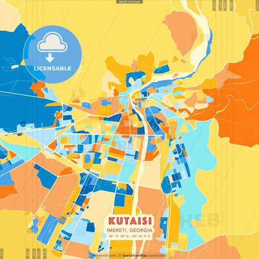 Kutaisi, Imereti, Georgia blue and orange vector art map template