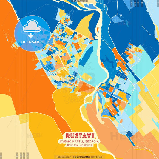 Rustavi, Kvemo Kartli, Georgia blue and orange vector art map template