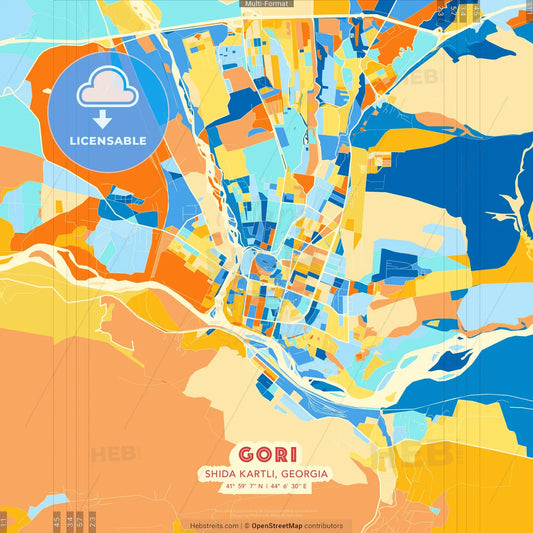 Gori, Shida Kartli, Georgia blue and orange vector art map template