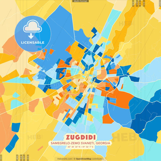 Zugdidi, Samegrelo-Zemo Svaneti, Georgia blue and orange vector art map template
