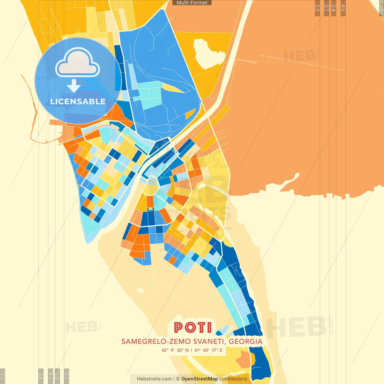 Poti, Samegrelo-Zemo Svaneti, Georgia blue and orange vector art map template
