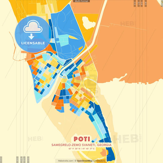 Poti, Samegrelo-Zemo Svaneti, Georgia blue and orange vector art map template