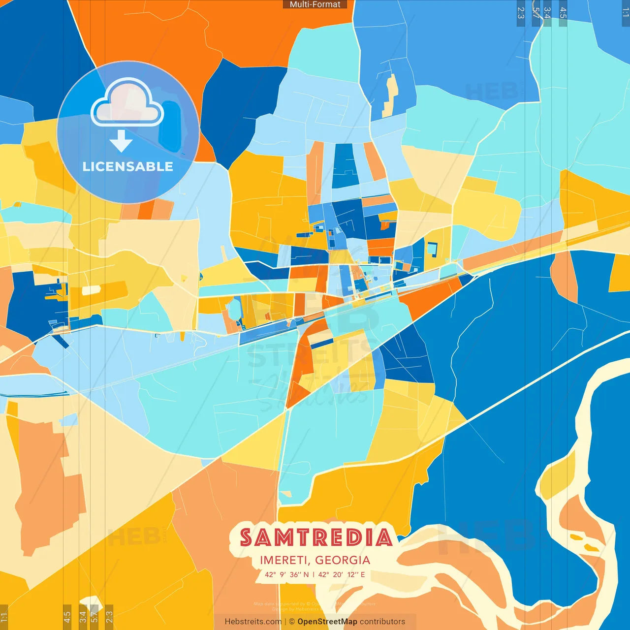 Samtredia, Imereti, Georgia blue and orange vector art map template