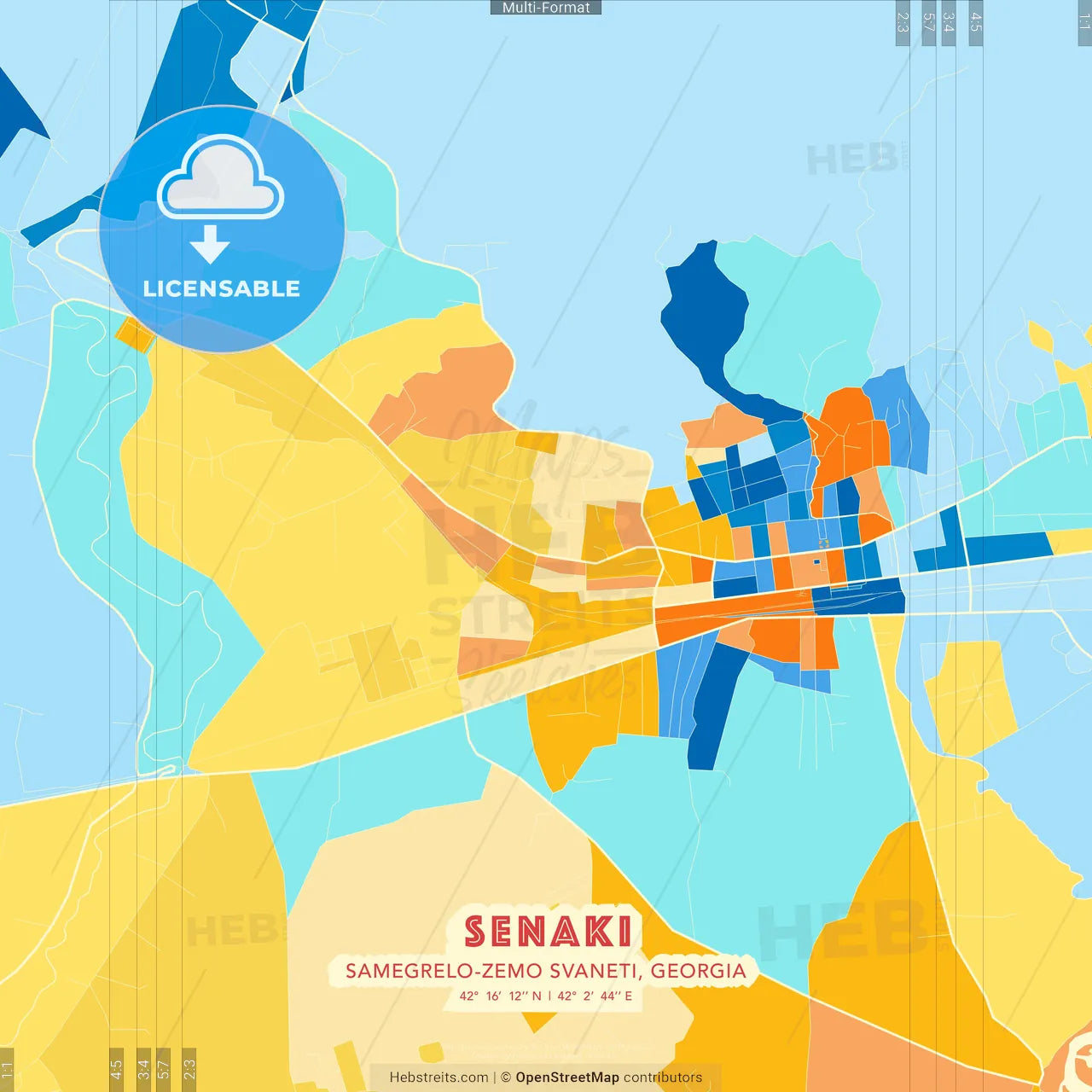 Senaki, Samegrelo-Zemo Svaneti, Georgia blue and orange vector art map template