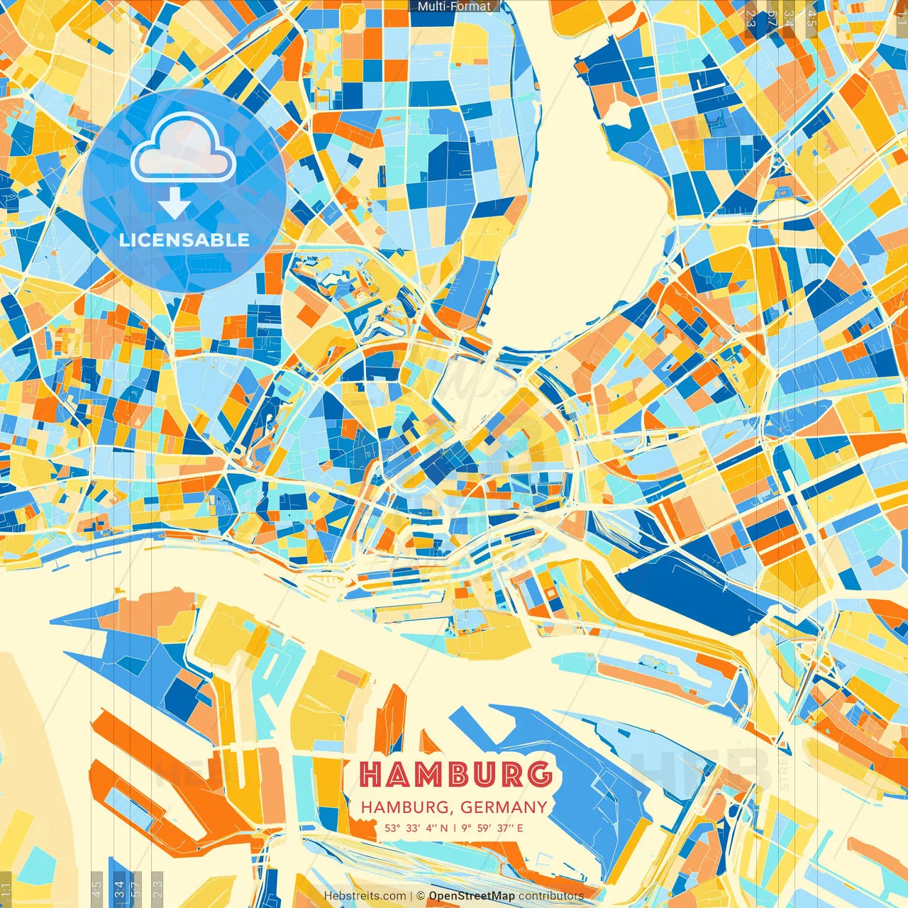 Hamburg, Hamburg, Germany blue and orange vector art map template