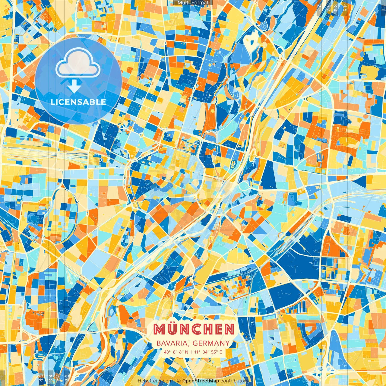 München, Bavaria, Germany blue and orange vector art map template