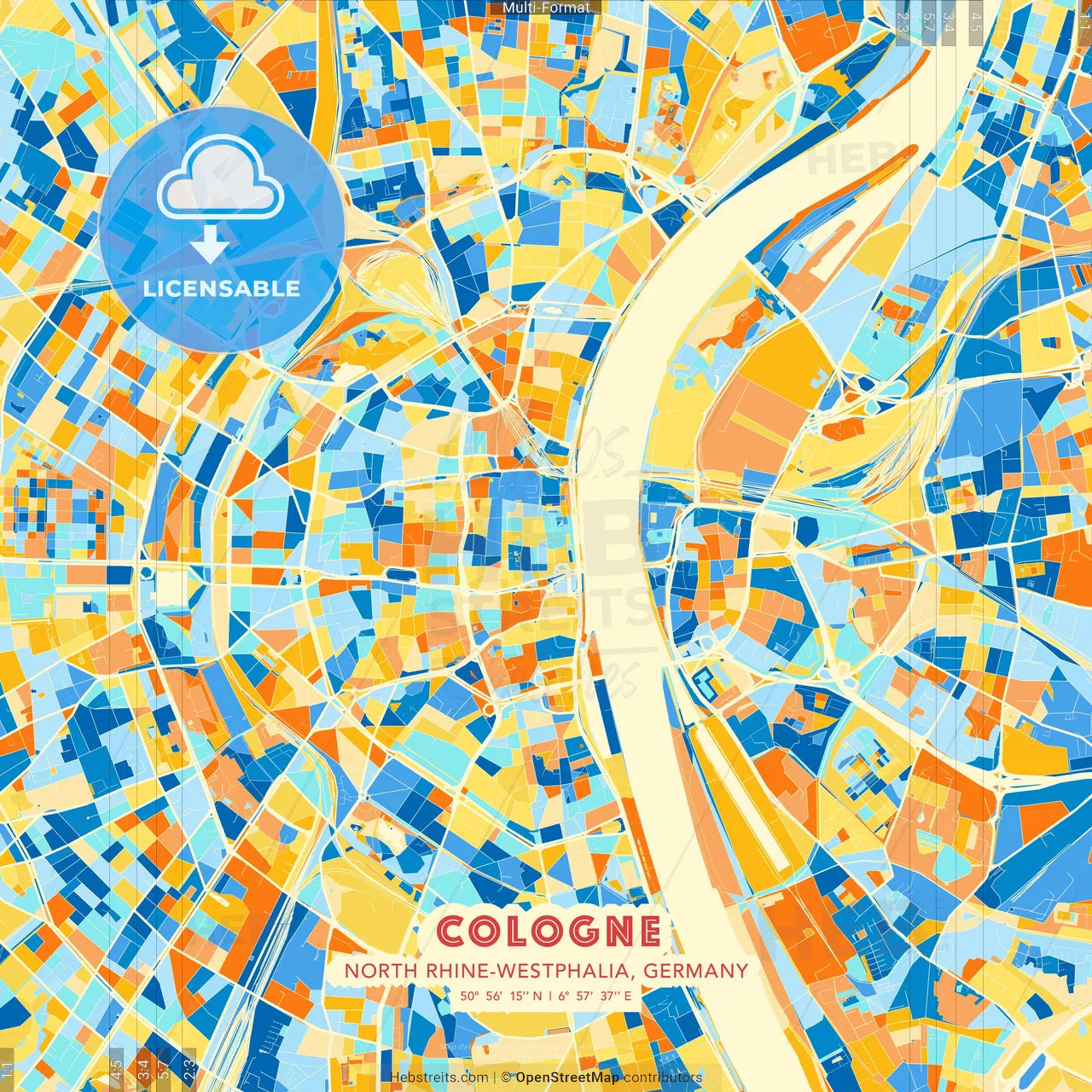 Cologne, North Rhine-Westphalia, Germany blue and orange vector art map template