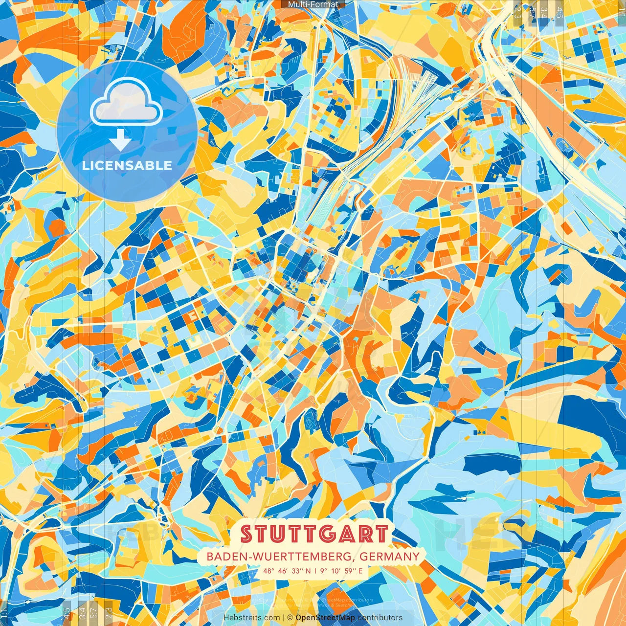 Stuttgart, Baden-Wuerttemberg, Germany blue and orange vector art map template