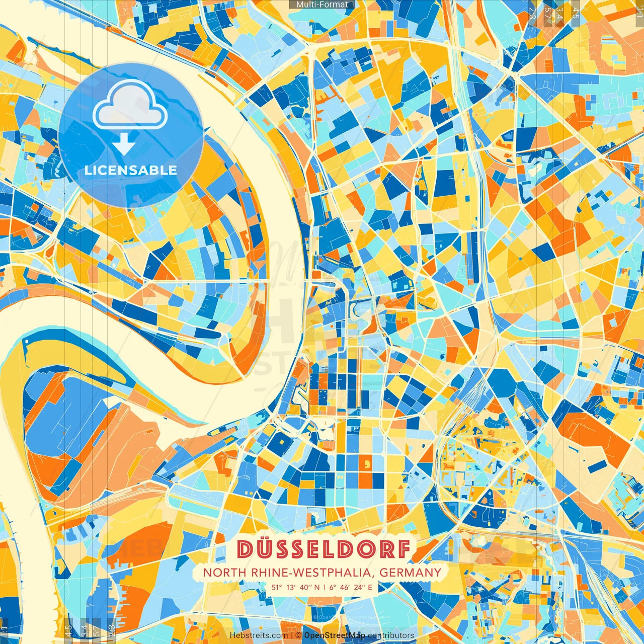 Düsseldorf, North Rhine-Westphalia, Germany blue and orange vector art map template