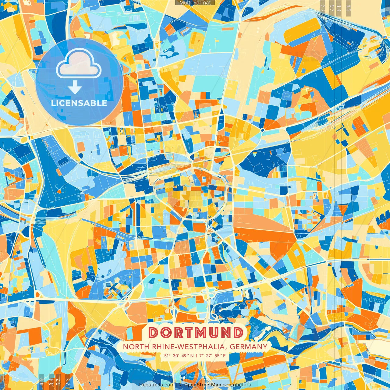 Dortmund, North Rhine-Westphalia, Germany blue and orange vector art map template